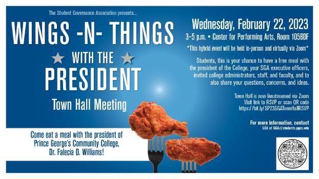 Spring 2023 SGA Town Hall flyer with event details and image of chicken wings