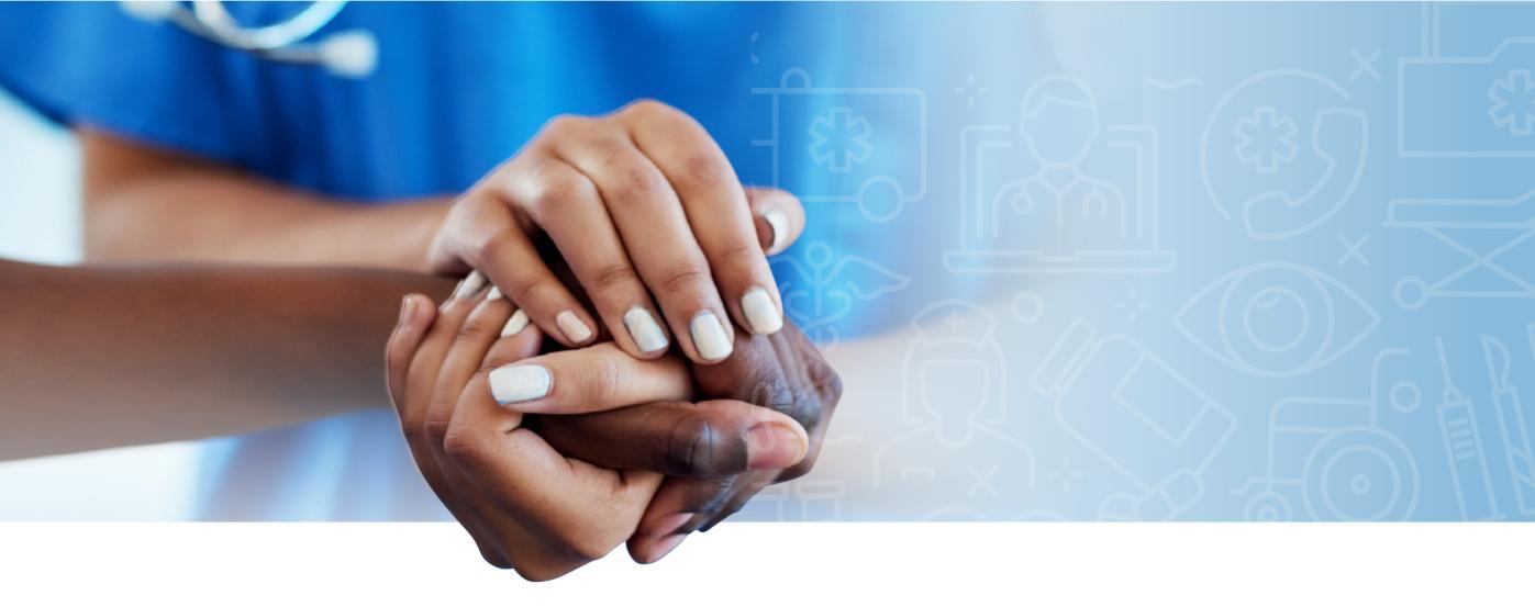 Image of Allied Health professionals clasping hands on a blue background