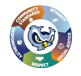PGCC Owl Image encircled by words with colorful backgrounds - community standards, integrity, social justice, respect, responsibility