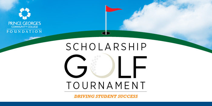 Scholarship Golf Tournament 2023 - graphic is a golf tee with red flag on a green and blue sky